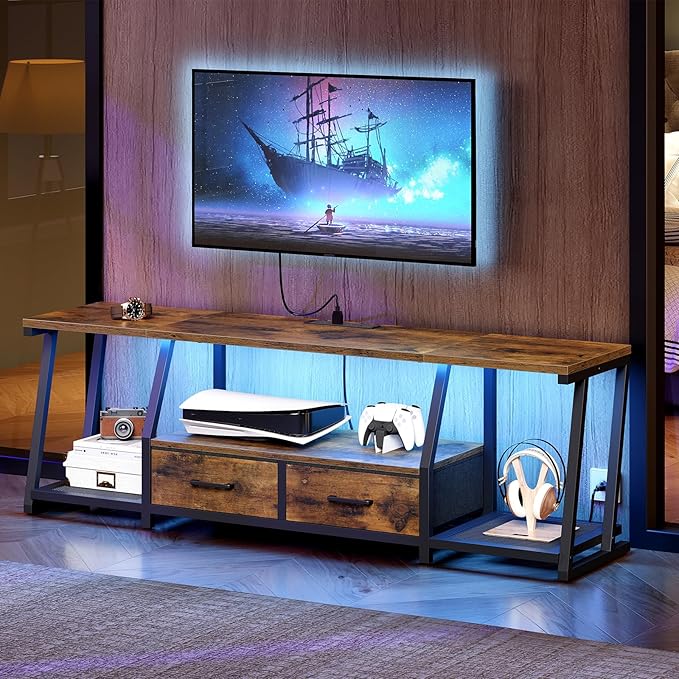 RALGEND LED TV Stand for 75 Inch TV, Entertainment Center with Open Shelves and Power Outlets, TV Console Table with Fabric Drawers, Media Console for Living Room, Bedroom, Rustic Brown and Black