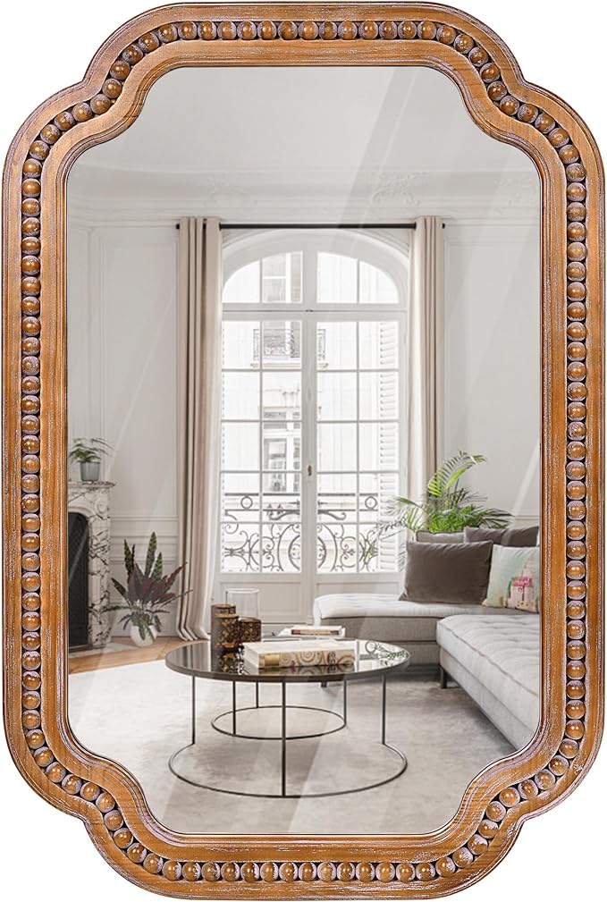 24x36 Inch Farmhouse Beaded Wall Mirror, Wood Scalloped Decorative Mirror, French Vintage Accent Mirror for Bathroom, Entryway & Glam Boho Decor