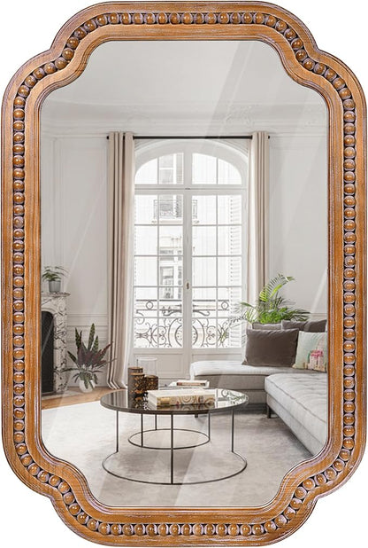 24x36 Inch Farmhouse Beaded Wall Mirror, Wood Scalloped Decorative Mirror, French Vintage Accent Mirror for Bathroom, Entryway & Glam Boho Decor