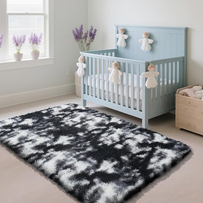Fluffy Rug Shag Area Rug, Mottling Black 4x6 Area Rugs for Bedroom, Small Bedside Rug, Soft Fluffy Shag Entryway Throw Rugs for Living Room Bedroom Kids Room Home Decor