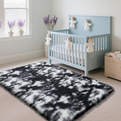 Fluffy Rug Shag Area Rug, Mottling Black 4x6 Area Rugs for Bedroom, Small Bedside Rug, Soft Fluffy Shag Entryway Throw Rugs for Living Room Bedroom Kids Room Home Decor