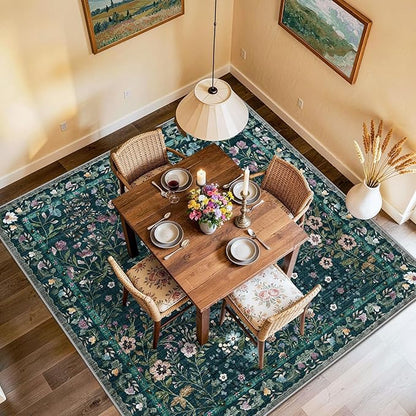 5x5 Living Room Area Rug Washable: Floral Non-Slip Mats for Indoor Floor Entryway Dining Room Bedroom - Soft Thin Carpet for Vintage Neutral Home Decor (5ft Square, Green)