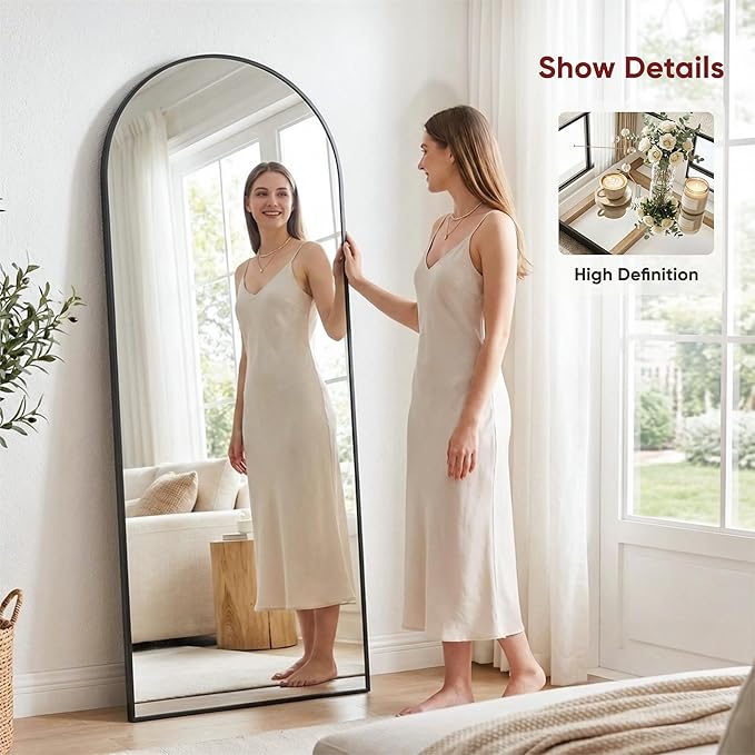 Antok Full Length Floor Mirror Arched Standing Mirror with Aluminum Frame - Freestanding Wall Mount Leaning Body Mirror for Bedroom Living Room Entryway, 71" L x 32" W, Black