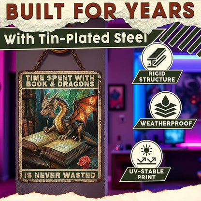 Tin Dragon Metal Sign Vintage Time Spent With Books And Dragons Is Never Wasted Vintage Sign Quote Rustic Library Decor for Study Office Home 12x16 Inch