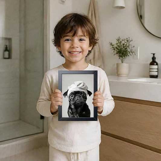 Framed Funny Dog Bathroom Wall Art, Cute Pug Bathroom Wall Decor, Cute Animal Canvas Print Picture, Modern Farmhouse Restroom Home Decor Painting 8x10 Inch Framed