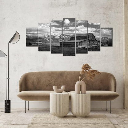 LevvArts XLarge 7 Pieces Barn Wall Art Black and White Moulton Barn Picture Prints Wyoming Landscape Artwork for Home Living Room Decor Framed 70" W x 32" H