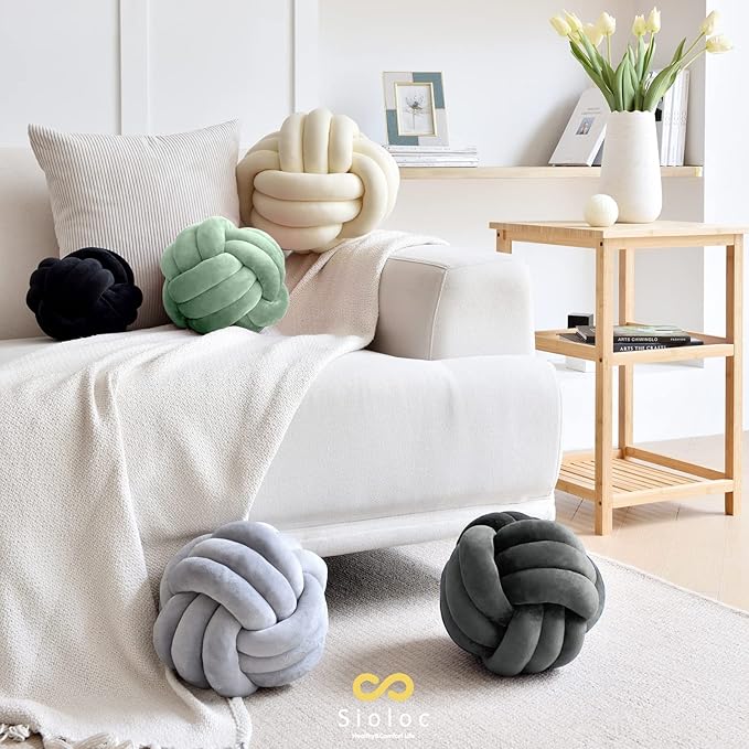 Sioloc Soft Knot Ball Pillows,Round Throw Pillow Cushion Home Decoration Plush Pillow,Throw Knotted Pillow Handmade Round Plush Pillow（13.7inches,Dark Grey）