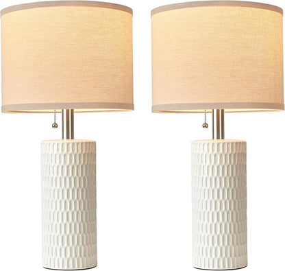 Reaketon 20.5" Modern Ceramic Table Lamps for Bedroom Set of 2, Bedside Lamps for Night Stands with Beige Lampshade, Farmhouse Table Lamp for Living Room Office Dorm, White