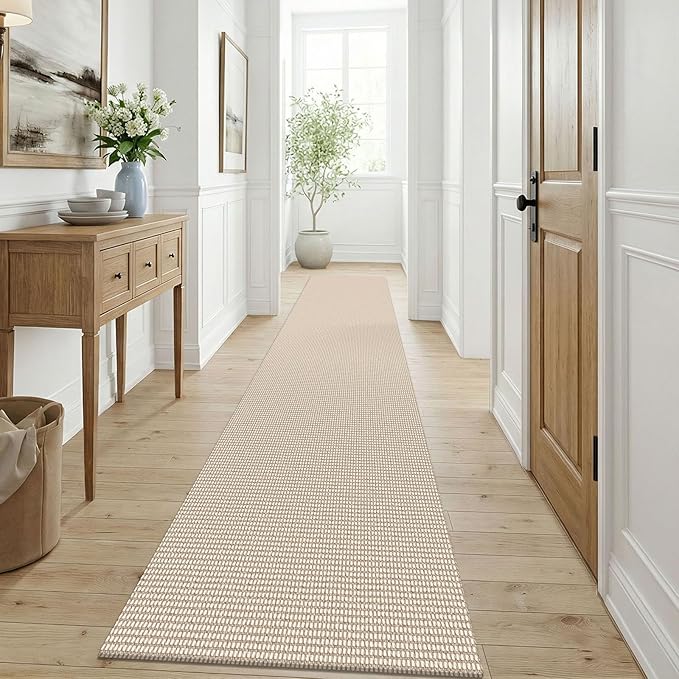 KOZYFLY Cotton Runners for Hallway 3x9, Wide Washable Runner Rug, Woven Non Slip Kitchen Runner, Braided Entryway Rug, Floor Carpet for Foyer, Bedroom, Hall, Ivory/Camel/Brown