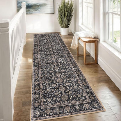 KUTA Vintage Washable Runner Rug, 2.6x8 Brown Runners for Hallways Non-Slip Kitchen Rugs Ultra Thin Soft Printed Distressed Oriental Floor Carpet for Laundry Bedroom Living Room Nursery
