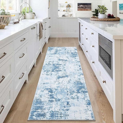 ROYHOME 2x6 Modern Abstract Runner Rug Non Slip Soft Stain Resistant Low Pile Machine Washabl Non Shed Rug for Hallway Kitchen Bathroom, Blue