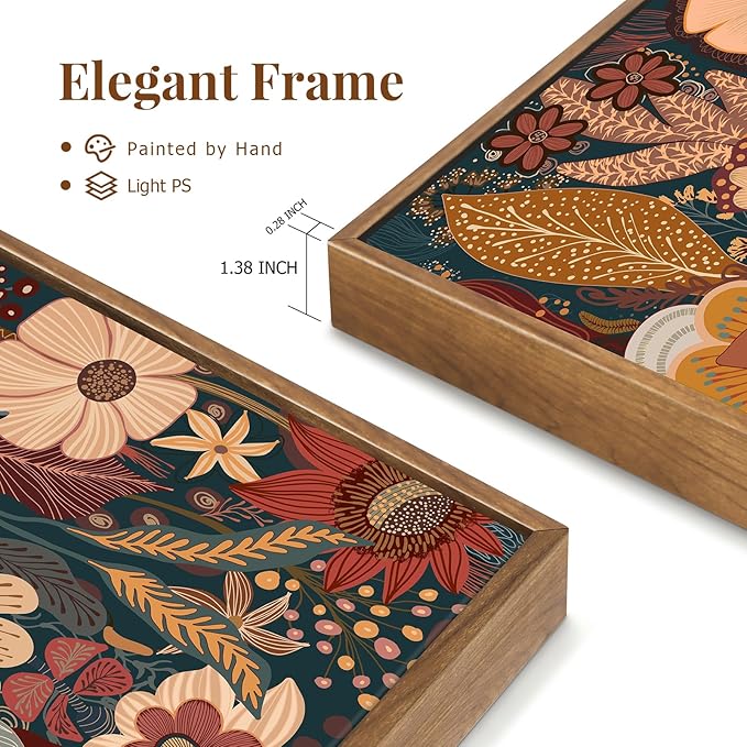 SAFERRYHOME Large Burnt Orange Floral Wall Art, 3 Pieces Boho Mid Century Modern Wildflower Framed Canvas Wall Decor, Vintage Botanical Neutral Plant Artwork Print for Living Room Bedroom Office, 24"x36"