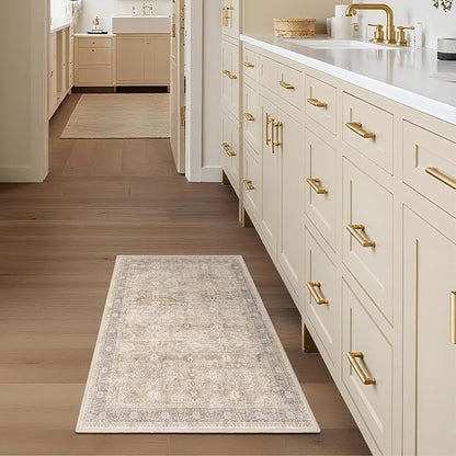 Neutral 2x4 Entryway Rug, Vintage Earth Tone Door Mat Indoor Entrance Entry Way, Washable Non Slip Low Pile Thin Small Runner Rug for Kitchen Floor Sink Area Bathroom Bedside, Beige Taupe