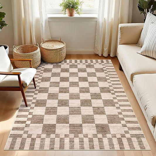 GarveeHome Brown Checkered Rug,Washable 3x5 Rug Geometric Tan Brown Print Non Slip for Entryway,Modern Soft Low-Pile,Neutral Farmhouse Checkerboard Rug,Small Area Rugs for Bedroom Kitchen Dining Room