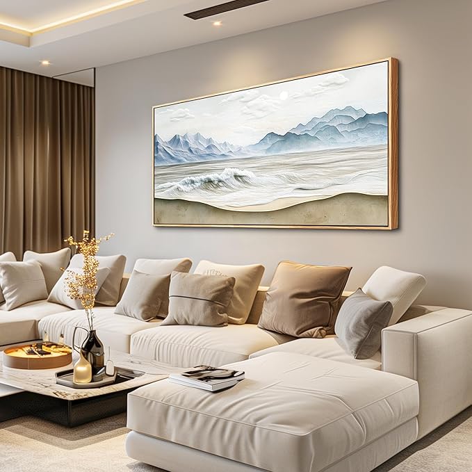 Wapluam Beach Pictures Wall Art,Large Canavs Wall Art,Ocean Wall Decor Living Room,Farmhouse Landscape Painting,Mountain Wall Art,Above Bed Wall Art,Framed Sea Waves Artwork for Bedroom Bathroom 20x40