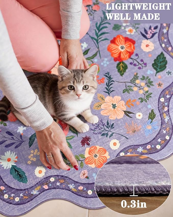 Macgace Purple Round Rug for Girls Bedroom, 4ft Machine Washable Floral Area Rugs with Non Slip Backing, Cute Flower Carpet Kitchen Living Room Kids Playroom Decor