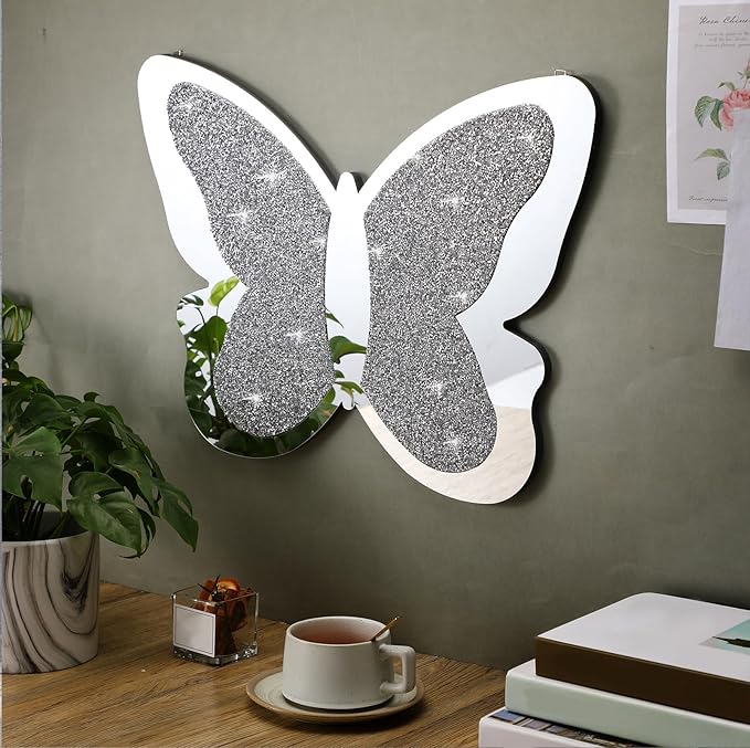 Vesici 2 Pieces Butterfly Shaped Mirror Crystal Crushed Diamond Silver Mirror Silver Wall Decor for Living Room Modern Decorative Artwork for Nursery Wedding Decor(19.69 x 14.57 Inch)