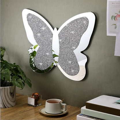 Vesici 2 Pieces Butterfly Shaped Mirror Crystal Crushed Diamond Silver Mirror Silver Wall Decor for Living Room Modern Decorative Artwork for Nursery Wedding Decor(19.69 x 14.57 Inch)