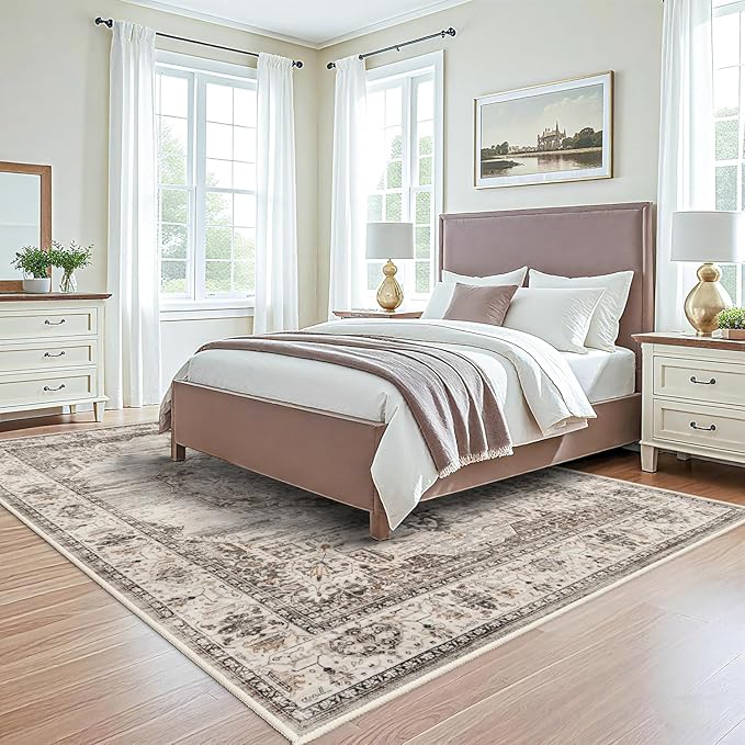 Washable Rugs 6x9 Area Rug：Large Rugs for Living Room - Oriential Distressed Printed Floral Carpet - Non Slip with Rubber Backing Area Rug 6'x 9' Beige