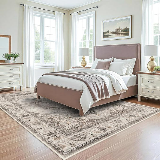Washable Rugs 6x9 Area Rug：Large Rugs for Living Room - Oriential Distressed Printed Floral Carpet - Non Slip with Rubber Backing Area Rug 6'x 9' Beige