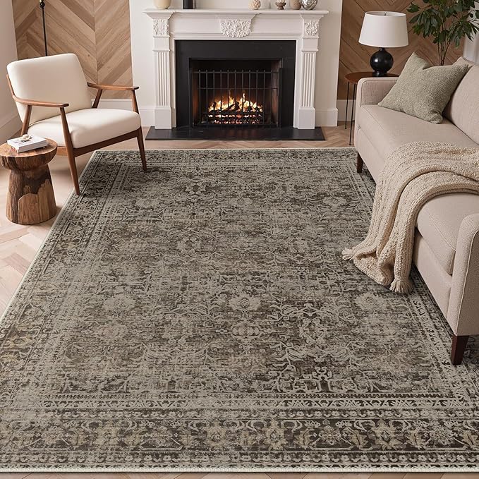6x9 Area Rug Machine Washable Boho Rug for Living Room,Ultra-Thin Low Pile Carpet,Lightweight Indoor Printed Rug,Non Slip Floral Area Rug for Bedroom, Dining Room, Home Office,Vintage Sage Green