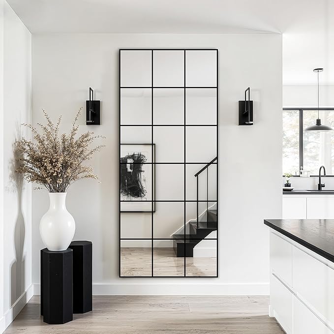 Large Window Pane Full Length Mirror for Wall, 30"x70" Oversize Black Full Body Wall Mirror for Living Room, Bedroom, Entryway, Hanging or Leaning