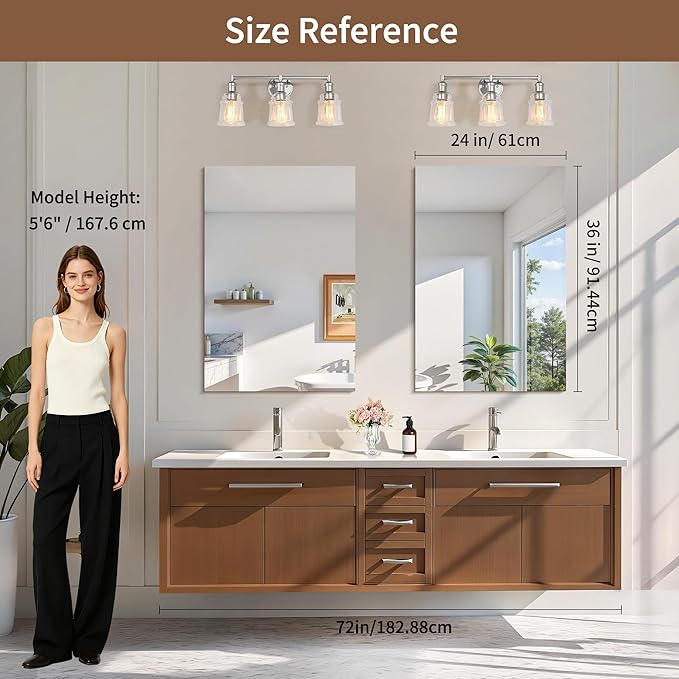 CILIBER Frameless Mirrors for Wall, 2-Pack 24x36 Vanity Mirrors with Polished Edge, Rectangle Bathroom Mirror for Over Sink, Bedroom, Entryway, Horizontal or Vertical, 3mm Tempered Glass