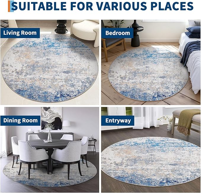 ROYHOME Modern Abstract 8x8 Round Area Rug Non Slip Non Shedding Rug Low Pile Stain Resistant for Bedroom Living Room Office Dining Room,Blue/Grey