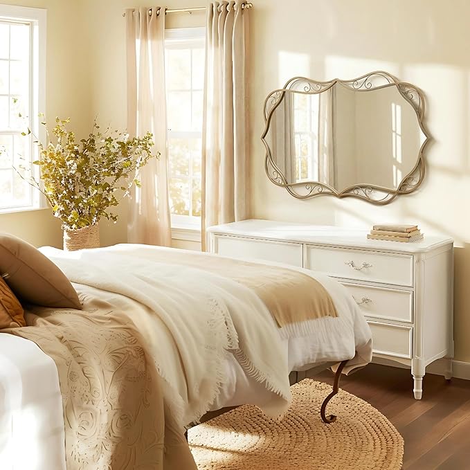 Besdomus Vintage Gold Bathroom Mirror: 24"x36" Scalloped Modern Large Bathroom Vanity Mirrors for Over Sink - Farmhouse Decorative Vertical or Horizontal Hanging for Living Room/Fireplace/Bathroom