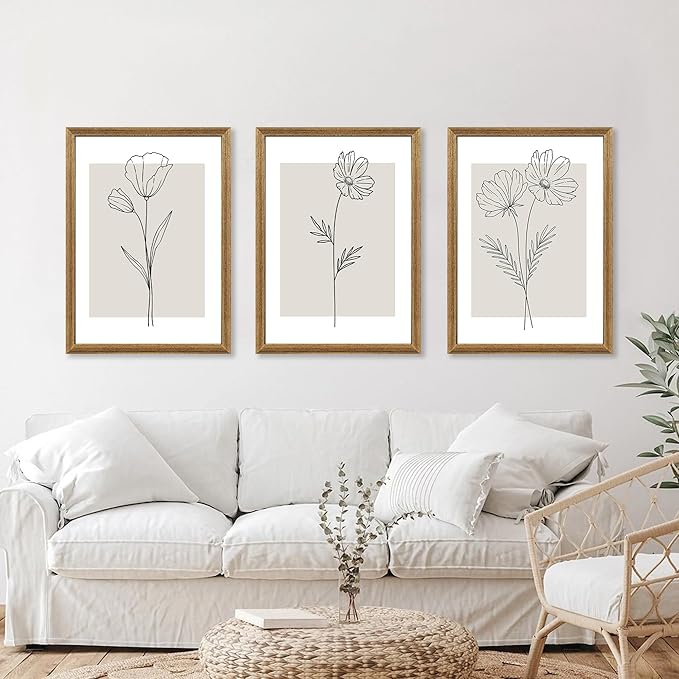 ICHZUMW Neutral Botanical Floral Wall Art, Black and White Farmhouse Flowers Wall Decor, Modern Minimalist Line Art Canvas Prints, Beige Artwork, Living Room Bedroom Home Office, Set of 3, 16x24in