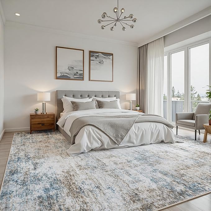 Area Rug 6x9 Living Room Rug Washable: No-Slip Abstract Soft Thin Large Brown White Hazy Blue Rugs, Indoor Floor Stain Resistant Modern Carpet for Bedroom Dining Room Farmhouse Nursery Home Office