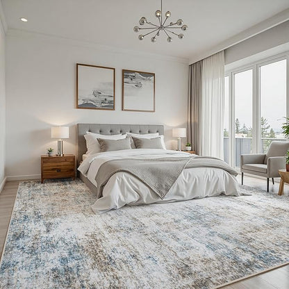 Area Rug 6x9 Living Room Rug Washable: No-Slip Abstract Soft Thin Large Brown White Hazy Blue Rugs, Indoor Floor Stain Resistant Modern Carpet for Bedroom Dining Room Farmhouse Nursery Home Office