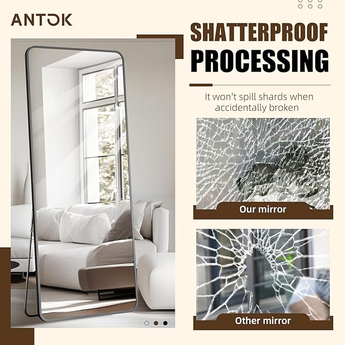 Antok Over The Door Mirror Full Length, 58'' x 21''Wall Mounted Hanging Mirror, Aluminum Alloy Frame, Shatterproof Glass, No Drill Installation for Bedroom, Closet, Bathroom, Dorm, Round Corner,Black