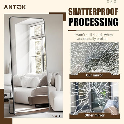 Antok Over The Door Mirror Full Length, 58'' x 21''Wall Mounted Hanging Mirror, Aluminum Alloy Frame, Shatterproof Glass, No Drill Installation for Bedroom, Closet, Bathroom, Dorm, Round Corner,Black