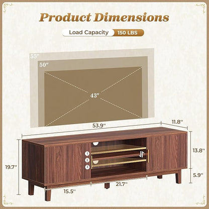 PRAISUN 54 Inch TV Stand for 50, 55 Inch TV, Fluted Entertainment Center with 2 Cabinets, TV Consoles for Living Room, 3-Level Adjustable Shelf, 4 Cable Holes, Meida Console, Walnut