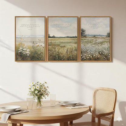 Framed Christian Wall Art Set of 3, Large Wildflower Bible Verse Canvas Prints, Vintage Pastoral Landscape Scripture Artwork for Living Room Bedroom Office Prayer Room, 16x24 Inch