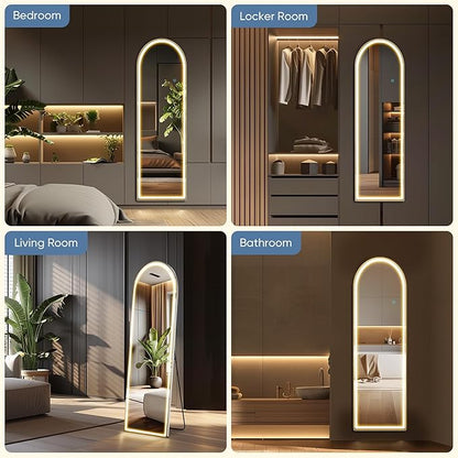 DUMOS Arched LED Mirror Full Length with Stand, 16"×60" Full Body Wall Mirror with LED Lights 3 Color Lighting, Hanging or Leaning, Floor Standing, Modern Simple Home Wall Decor