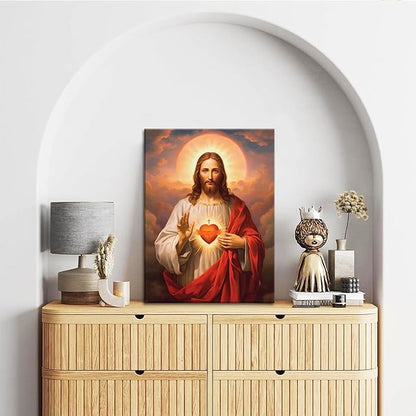 Jesus Sacred Heart Christian Wall Art, Divine Mercy Canvas Paintings Prints Posters Wall Decor, Christ Jesus Portrait Home Decor for Living Room Dining Room Prayer Room Decor 24x36 in Framed