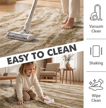 Area Rugs for Living Room, Tie-Dyed 4x6 Feet Soft Fluffy Shagg Plush Rug High Pile Indoor Modern Non-Slip Floor Carpet for Bedroom Nursery Kids Home Room Dorm Decor Aesthetic Khaki