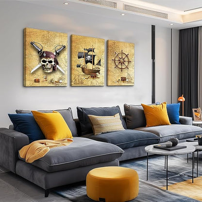 Pirate ship and rudders Canvas Wall Art for Living Room Bedroom Decoration wall painting,Bathroom Wall Decor Home Decoration kitchen posters artwork，Adventure map decoration 16x12 inch/ 3 piece set