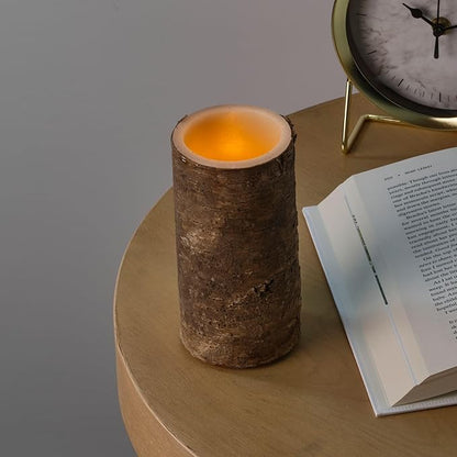 Mikasa Birch LED Wax Pillar Candle with Flickering Flame - Real Wax Design & 5-Hour Timer for Safe Warm Lighting - Rustic Accent for Cozy Home Decor & Ambient Mood Settings