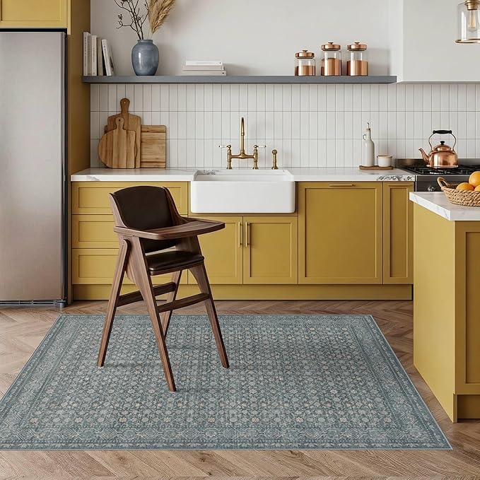 Rugxara 3x5 Washable Entryway Rug, Non Slip Boho Runner Rugs for Hallway, Entrance, Kitchen, Bathroom, Laundry Room, Soft Entryway Carpet, Throw Low Pile Retro Imitation Wool Carpet, Soft Blue