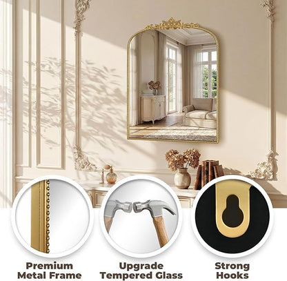 Gold Vintage Mirror 24x32 Inch, Laurel Leaf Ornate Beaded Frame Vertical Vanity Mirror, Antique Decorative Mirror for Bathroom, Bedroom, Entryway, Living Room