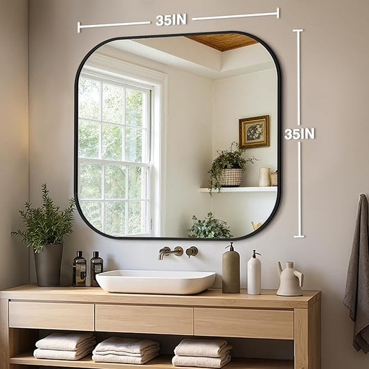 Bathroom Mirror for Wall, Black Bathroom Vanity Mirror for Over Sink 35 x 35, HD Reflection Shatterproof Square Mirror for Living Room Bedroom Entryway, Metal Frame