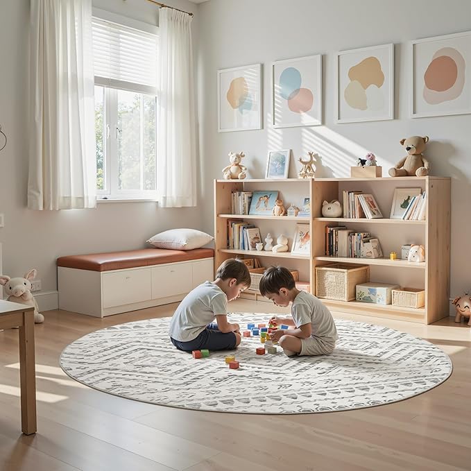 Miukiki Round Rugs 8ft Washable Moroccan Circle Rug for Living Room Non Slip Indoor Floor Carpet Foldable Area Rug for Dining Room with Low Pile(Grey,8'x8')