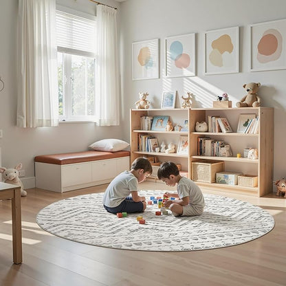 Miukiki Round Rugs 8ft Washable Moroccan Circle Rug for Living Room Non Slip Indoor Floor Carpet Foldable Area Rug for Dining Room with Low Pile(Grey,8'x8')