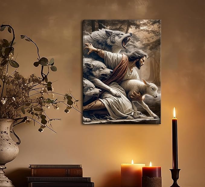 Jesus and Lamb Canvas Wall Art Jesus Saves the Lost Sheep Christian Wall Decor Painting Shepherd Protect a Lamb from Wolves Picture Poster Print Artwork for Living Room Bedroom Church Decor 16x24in