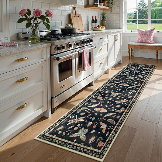 Lahome Insect Hallway Runner Rug, 2'5''x8' Ultra-Thin Washable Runners for Hallways Kitchen, Soft Laundry Room Rug Non-Slip Long Carpet for Entryway Bedroom Bathroom Vionnet, Black