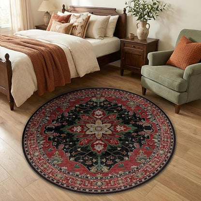 RELEANY Area Rugs Round 4ft Washable Non-Slip, Floral Vintage Distress Print Pattern Medallion Carpet for Living Room Bedroom Dining Room, Red Black