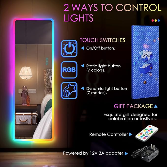 LVSOMT 47" x 16" Full Length Mirror with Lights, RGB LED Over the Door Mirrors, Wall Mirror Full Length, Door Hanging Mirror for Bedroom Living Room Cloakroom